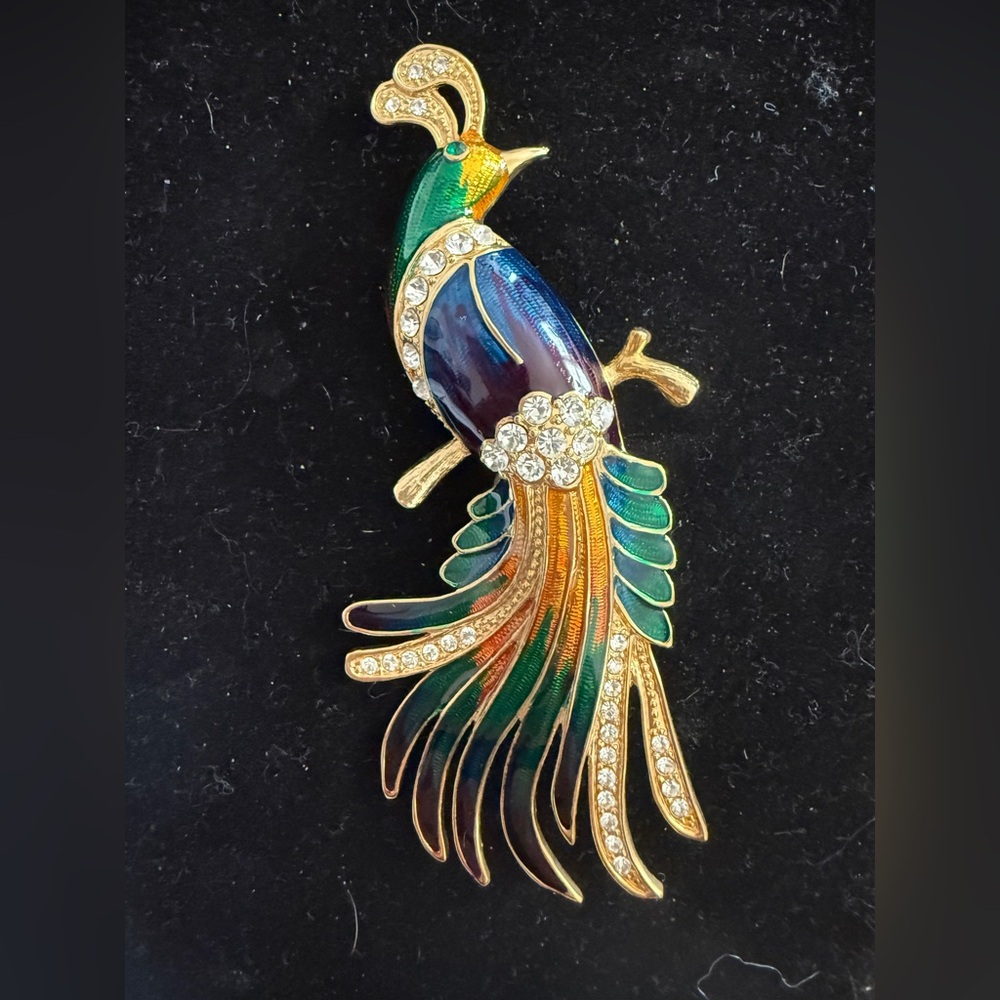 Colorful Enamel & Crystal Peacock Brooch - Multicolor